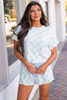 Sky Blue Bow Knot Geometric Print Lettuce Trim Two Piece Lounge Set