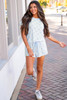 Sky Blue Bow Knot Geometric Print Lettuce Trim Two Piece Lounge Set