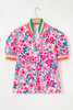 Pink Floral Print Contrast Striped Detail Short Sleeve Blouse