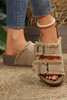 Pale Khaki Double Buckle Straps Hollow Out Frayed Detial Retro Slippers