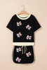 Black Sequin Rugby Football Bow Patched Colorblock Edge Tee and Skort Set