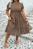 Brown Plus Size Leopard Print Frill Trim Short Sleeve Flared Dress