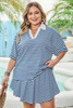 Blue Stripe Short Sleeve Collared V Neck Top Plus Size Short Set Blue Stripe Short Sleeve Collared V Neck Top Plus Size Short Set