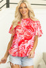 Red Abstract Print Ruffled Short Sleeve Mock Neck Blouse