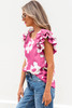 Pink Floral Textured Ruffled Short Sleeve Square Neck Blouse Pink Floral Textured Ruffled Short Sleeve Square Neck Blouse