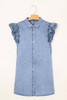 Beau Blue Double Ruffled Sleeves Buttoned A-line Collared Mini Denim Dress