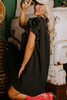 Black Frilled V Neck Pleated Ruffle Detail Short Shift Dress