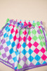 Multicolour Checkered Drawstring Elastic Waist Casual Shorts