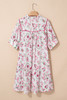 Pink Floral Split Neck Short Sleeve Loose Plus Size Mini Dress