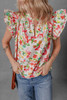 Multicolour Allover Floral Printed Flutter Sleeve Split Neck Blouse Multicolour Allover Floral Printed Flutter Sleeve Split Neck Blouse