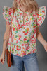 Multicolour Allover Floral Printed Flutter Sleeve Split Neck Blouse Multicolour Allover Floral Printed Flutter Sleeve Split Neck Blouse