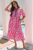 Pink Floral Contrast Neckline A-line Puff Sleeve Long Dress