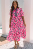 Pink Floral Contrast Neckline A-line Puff Sleeve Long Dress