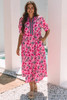 Pink Floral Contrast Neckline A-line Puff Sleeve Long Dress
