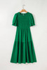 Dark Green Solid Textured Smocked Puff Short Sleeve High Waist Long Dress