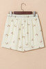 White Bow Print Lace Drawstring Casual Shorts