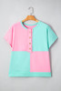 Mint Green Colorblock Patchwork Short Sleeve Buttons Plus Size Henley Top