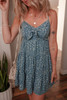Blue Spaghetti Straps Floral Print Knot Detail High Waist Flared Dress