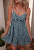Blue Spaghetti Straps Floral Print Knot Detail High Waist Flared Dress
