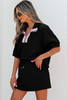 Color black Striped Collared Zip up Textured Skirt Set