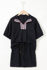 Color black Striped Collared Zip up Textured Skirt Set