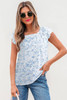Sky Blue Floral Ruffled Short Sleeve Bow Back Square Neck Blouse