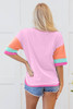 Pink Solid Color Half Sleeve Buttons Henley Top