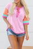 Pink Solid Color Half Sleeve Buttons Henley Top