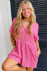 Bright Pink Spiral Ribbed Short Sleeve V Neck Buttoned Romper with Pocket