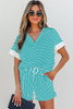Sky Blue Stripe V Neck Tee and Casual Short Set