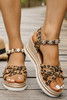 Chestnut Rhinestone Flower Decor Leopard Strappy Wedge Sandals