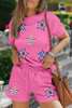 Strawberry Pink Solid Color Textured Sequined American Star Patched Short 2pcs Outfit