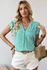 Green Notched V Neck Leopard Ruffle Short Sleeve Blouse