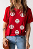 Red Glittering Rugby Pattern Crew Neck Game Day T Shirt