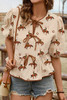 Apricot Cowboy Print Puff Sleeve Bowknot Peplum Blouse