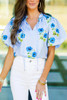 Sky Blue Floral Print Tie Split Neck Short Puff Sleeve Blouse