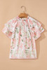 Pink Floral Print Striped Contrast Tiered Ruffled Sleeve V Neck Blouse