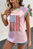 Pink Colorblock Edge Twisted Rib Texture Sequin American Flag Casual T Shirt Pink Colorblock Edge Twisted Rib Texture Sequin American Flag Casual T Shirt