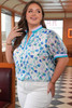 Green Floral Print Colorblock Edge Puff Sleeve Split Neck Plus Size Blouse