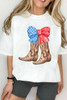 White Patriotic Bow Cowgirl Boots Printed Cotton Blend T Shirt White Patriotic Bow Cowgirl Boots Printed Cotton Blend T Shirt