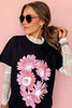 Black Pink Daisy Flower Printed Cotton Blend T Shirt