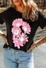 Black Pink Daisy Flower Printed Cotton Blend T Shirt