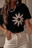 Black Contrast Crochet Floral Graphic Drop Shoulder Loose Tee