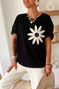 Black Contrast Crochet Floral Graphic Drop Shoulder Loose Tee