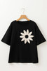 Black Contrast Crochet Floral Graphic Drop Shoulder Loose Tee