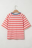 Tomato Red Stripe Print Contrast Collar Raglan Sleeve T Shirt