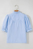 Sky Blue Stripe Ruffled Collar Puff Sleeve Half Buttons Blouse