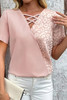 Apricot Pink Leopard Jacquard Patchwork Crisscross V Neck Short Sleeve Blouse