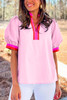 Pink Contrast Striped V Neck Collision Short Puff Sleeve Blouse Pink Contrast Striped V Neck Collision Short Puff Sleeve Blouse