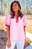 Pink Contrast Striped V Neck Collision Short Puff Sleeve Blouse Pink Contrast Striped V Neck Collision Short Puff Sleeve Blouse